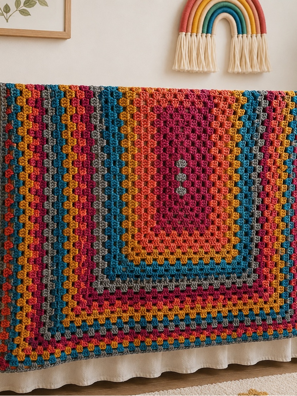 Handmade Crochet Granny Stitch Throw Blanket Multicolor Boho 47x35 Baby Crib